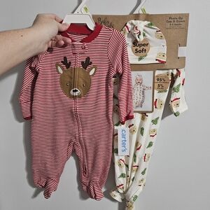 Carter's Red and White Striped Reindeer Footie